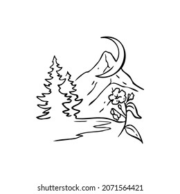 Ilustración vectorial de boceto de flores, de montaña, luna, árbol en un fondo transparente