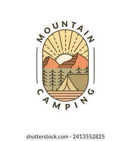 mountain morning camping illustration monoline or line art style, design can be for t shirts, sticker, printing needs