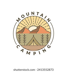 mountain morning camping illustration monoline or line art style, design can be for t shirts, sticker, printing needs