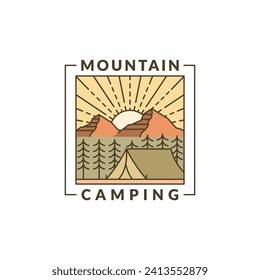 mountain morning camping illustration monoline or line art style, design can be for t shirts, sticker, printing needs