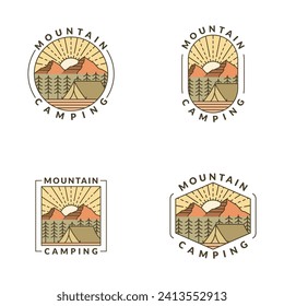 mountain morning camping illustration monoline or line art style, design can be for t shirts, sticker, printing needs
