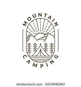mountain morning camping illustration monoline or line art style, design can be for t shirts, sticker, printing needs