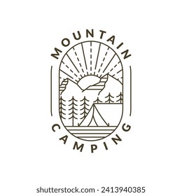 mountain morning camping illustration monoline or line art style, design can be for t shirts, sticker, printing needs