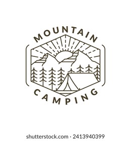 mountain morning camping illustration monoline or line art style, design can be for t shirts, sticker, printing needs
