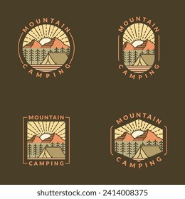 mountain morning camping illustration monoline or line art style, design can be for t shirts, sticker, printing needs