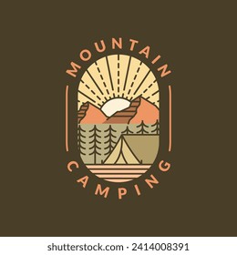 mountain morning camping illustration monoline or line art style, design can be for t shirts, sticker, printing needs