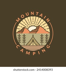 mountain morning camping illustration monoline or line art style, design can be for t shirts, sticker, printing needs