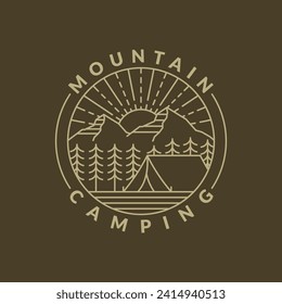 mountain morning camping illustration monoline or line art style, design can be for t shirts, sticker, printing needs