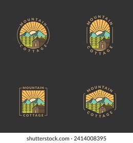 Mountain morning and cottage badge vector illustration with monoline or line art style, design can be for t shirts, sticker, printing needs