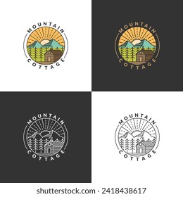 Mountain morning and cottage badge vector illustration with monoline or line art style, design can be for t shirts, sticker, printing needs