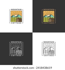 Mountain morning and cottage badge vector illustration with monoline or line art style, design can be for t shirts, sticker, printing needs