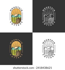 Mountain morning and cottage badge vector illustration with monoline or line art style, design can be for t shirts, sticker, printing needs