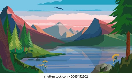 Mountain morning landscape concept in flat cartoon design. Dawn at mountains peaks, lake, forest and plants on slopes lakeside. Wildlife panoramic view. Vector illustration horizontal background