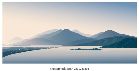 Mountain morning landscape with the silhouettes of the mountains against the dawn. Vector illustration.