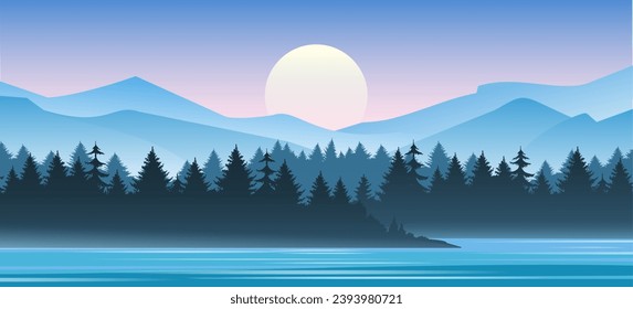 Mountain morning landscape. Sunrise in mountains sierra pine forest lake panoramic view, discover distant natural panorama vector illustration
