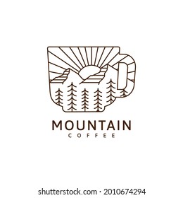 Mountain and mug illustration monoline or line art style, mountain, tree, sun, forest vector design illustration