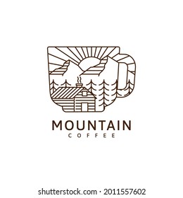 Mountain and mug illustration monoline or line art style, cabin, mountain, tree, sun, forest vector design illustration