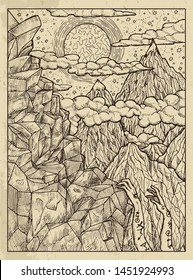 Mountain. Mystic concept for Lenormand oracle tarot card. Vector engraved illustration. Fantasy line art drawing and tattoo sketch. Gothic, occult and esoteric background