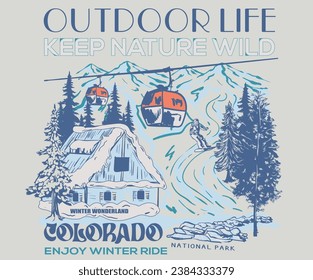 Mountain national park. Summer camp. Mountain with sunset and river, mountain graphic artwork for t shirt and others. Mountain with tree retro vintage print design. Snow wild. Enjoy winter ride. 