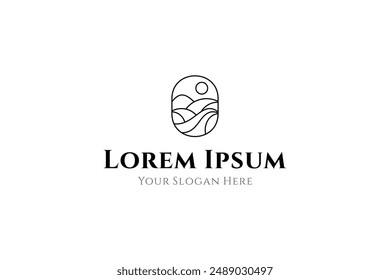 mountain natural landscape logo in oval frame with line art design style
