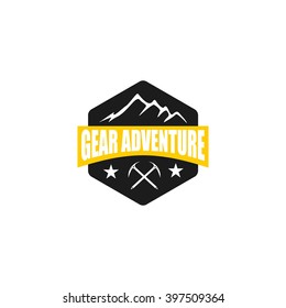 Mountain, nature exploration vintage logos, emblems, silhouettes and design elements. Outdoor activity in wilderness symbols design template, vector illustration.