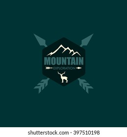 Mountain, nature exploration vintage logos, emblems, silhouettes and design elements. Outdoor activity in wilderness symbols design template, vector illustration.