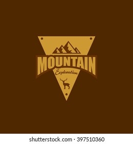 Mountain, nature exploration vintage logos, emblems, silhouettes and design elements. Outdoor activity in wilderness symbols design template, vector illustration.