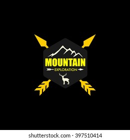 Mountain, nature exploration vintage logos, emblems, silhouettes and design elements. Outdoor activity in wilderness symbols design template, vector illustration.
