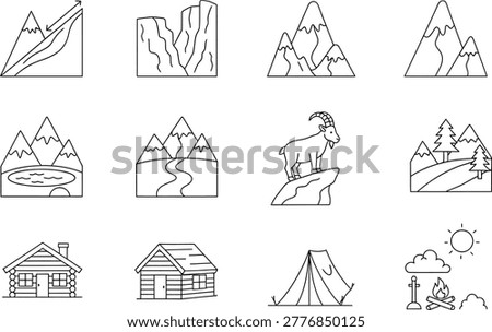 Mountain nature hand drawn icons set with cabin tent ibex landscape