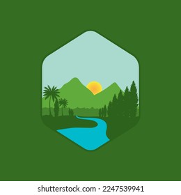 Diseño de ilustraciones de montaña y naturaleza, adecuado para temas de aventura.