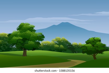 Mountain nature landscape with green field and forest