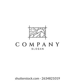 montanha natureza paisagem logotipo com raios de sol em linha arte design estilo quadro