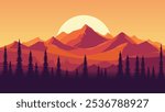 Mountain Nature Landscape with Pine Tree in the Forest at Sunset Sunrise