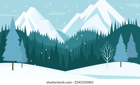 Mountain Nature Landscape with Pine Tree in the Forest in Snow Winter Season