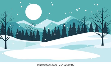 Mountain Nature Landscape with Pine Tree in the Forest in Snow Winter Season