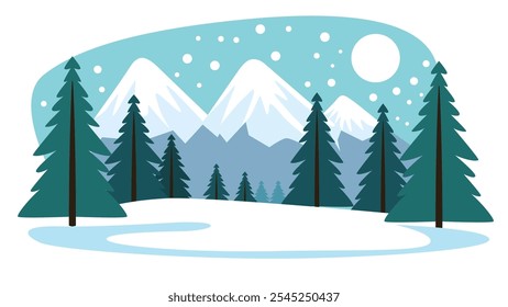 Mountain Nature Landscape with Pine Tree in the Forest in Snow Winter Season