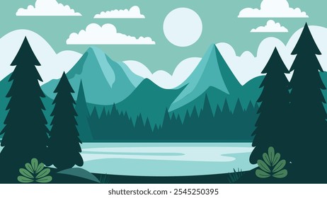 Mountain Nature Landscape with River Lake and Pine Tree in Snow Winter Season