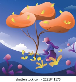 Mountain nature landscape with women. In the evening, the woman under the tree is kneeling and using a watering can to water the tree, there are some plants, trees, grass. Cartoon vector background