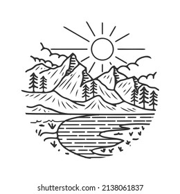 Mountain and nature line art vector logo.