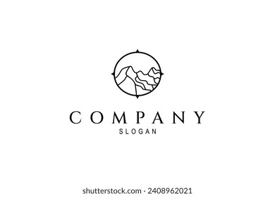 logotipo de naturaleza de montaña con combinación de marco de brújula con diseño lineal de contorno