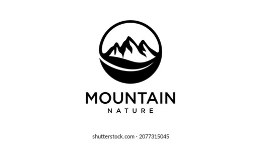 icono del logo de la naturaleza de montaña con una combinación de montaña y hojas. Vector de logotipos premium