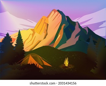 Mountain Nature with pine landscape isolated on blue sky background. Camping landscape travel climbing or hiking mountain geology vector illustration.