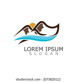 
Mountain-Nature-River-Logo, einfaches Abenteuer, Vektordesign-Vorlage