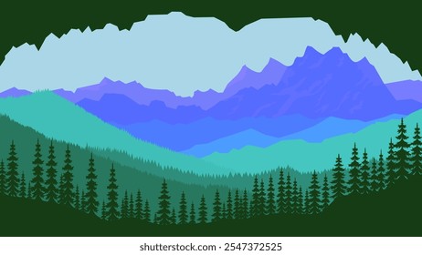 Mountain Nature Scenery with Cliff and Pine Trees in Forest in Bright Sky