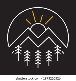 Mountain nature with sunrise and forest line graphic illustration vector art t-shirt design