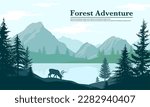 Mountain nature view vector illustration. Flat panorama view of lakeside. Reindeer and pine tree silhouette. Traveling and camping poster design.