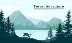 Mountain Nature View Vector Illustration. Flat Panorama View Of Lakeside. Reindeer And Pine Tree Silhouette. Traveling And Camping Poster Design.