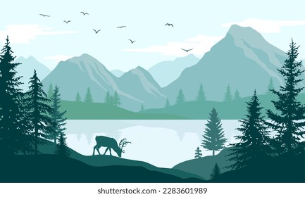 Mountain nature view vector illustration. Flat panorama view of lakeside. Reindeer and bird silhouette. Traveling and camping poster design.