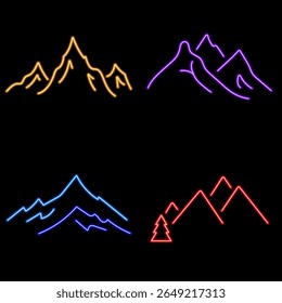 grupo de ícones de néon de montanha, ilustração vetorial no plano de fundo preto.