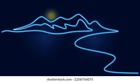 Mountain in neon light. Glowing neon mountain with sun. One line mountain in vivid blue color. vector